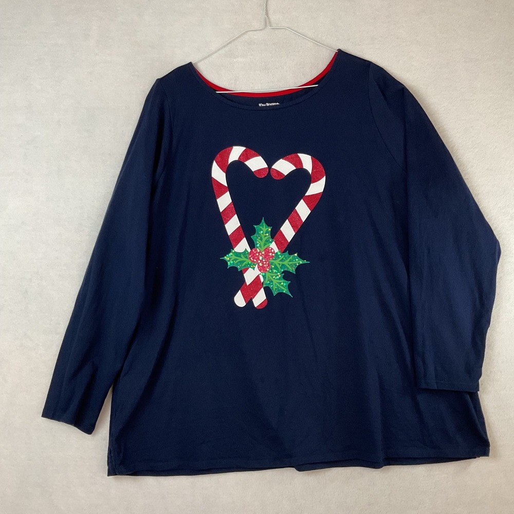 Kim Rogers Curvy Navy Blue Christmas Candy Cane Heart Sequin Top Plus Size 3X